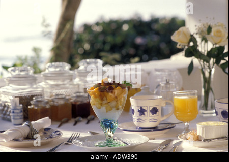 Dessert and juice on dinning table Stock Photo