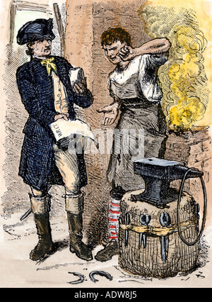 Blacksmith angry at being served a tax demand a scene in Shays Rebellion 1786. Hand-colored woodcut Stock Photo