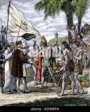 Cuban native chief addresses Christopher Columbus on the immortality of the soul. Hand-colored woodcut Stock Photo