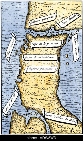 First map of the Strait of Magellan from Magellan's circumnavigation of the earth in 1519 showing north at bottom. Hand-colored woodcut by Pigafetta Stock Photo