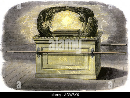 Ark of the Covenant and Mercy Seat of the ancient Israelites. Hand-colored woodcut Stock Photo