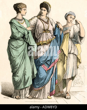 Ladies and their slave girl in ancient Rome. Hand-colored print Stock Photo
