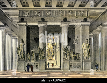 Interior of the Temple of Zeus in Olympia ancient Greece. Hand-colored woodcut Stock Photo