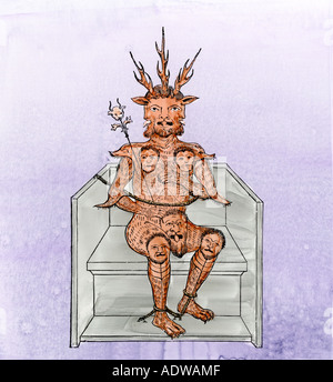 Prince of Darkness on his throne from a manuscript of the 1400s. Hand-colored woodcut Stock Photo