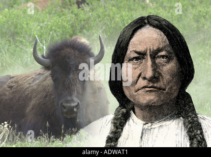 Sioux leader Sitting Bull. Hand-colored woodcut combined with a photograph Stock Photo