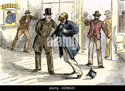 Assassination of US President James A Garfield in a Washington DC railway station in1881. Hand-colored woodcut Stock Photo