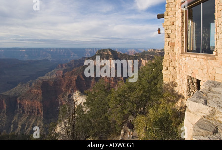 Arizona Grand Canyon National Park North Rim Grand Canyon Lodge view from terrace visitor on trail Stock Photo