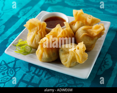 Oriental dim sum with a hoisin dipping sauce serving suggestion on a plate Stock Photo