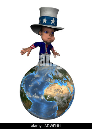 National figure Uncle Sam stands on the globe as symbol for control and the influence of the USA on the world Stock Photo