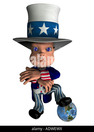 National figure Uncle Sam stands on the globe as symbol for control and the influence of the USA on the world Stock Photo