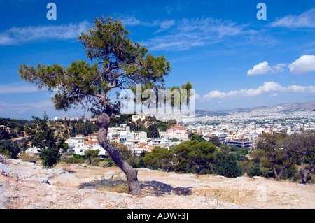 Views of the Ancient Agora and the city skyline from the areopagus in Athens Greece Stock Photo