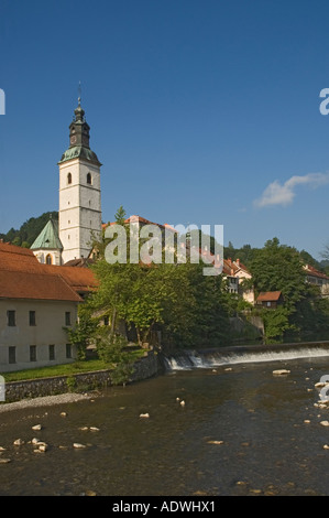 Slovenia Skofja Loka Selscica River Church of Saint James bell tower Stock Photo