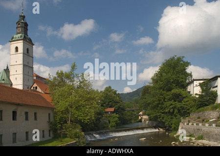 Slovenia Skofja Loka Selscica River Church of Saint James bell tower Stock Photo