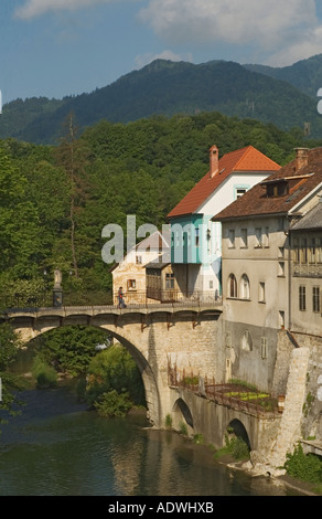 Slovenia Skofja Loka Selscica River Capuchin Bridge Stock Photo