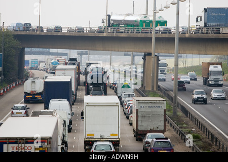 Congested traffic travelling on M1 motorway in Hertfordshire United Kingdom Stock Photo