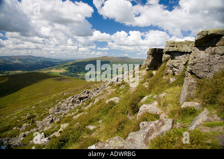 Summit of Sugar Loaf mountain Abergavenny Wales looking towards Brecon Beacons Stock Photo