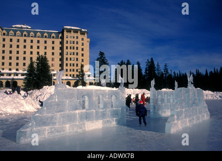 people building ice sculpture, Chateau Lake Louise, rooms and lodging, accommodations, Lake Louise, Banff National Park, Alberta Province, Canada Stock Photo