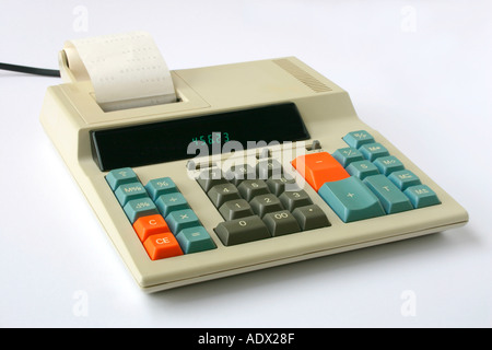 A 1980's Electronic adding machine with paper roll print out. Stock Photo