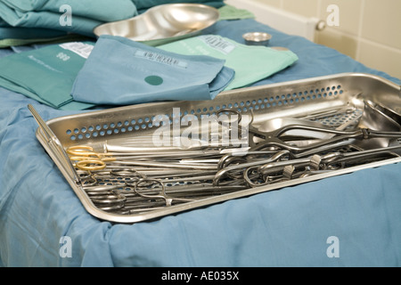 surgical instruments in a metallic dish Stock Photo