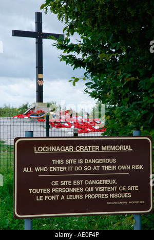 Sign at Entrance to the Lochnagar Crater at La Boisselle near Albert in the Somme. Stock Photo