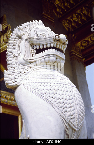 Marble lion or 'Singha' guarding Marble Temple, Wat Benchanmabophit, Bangkok Thailand Asia Stock Photo