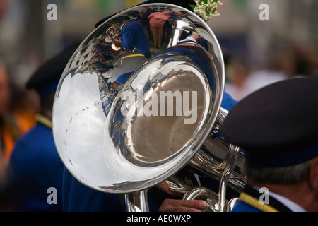 Helston town band on flora day cornwall close up of the horn Stock Photo