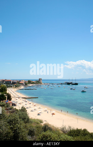 panoramic view of the beach, harbour and tower of Ouranoupolis on the Athos Peninsula on the peninsula of Chalcidice in Greece Stock Photo