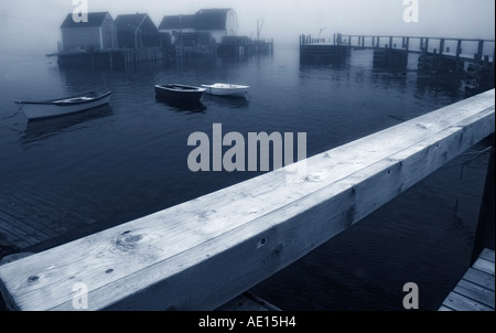 The tiny harbour of Blue Rocks near Halifax Nova Scotia in the fog ...