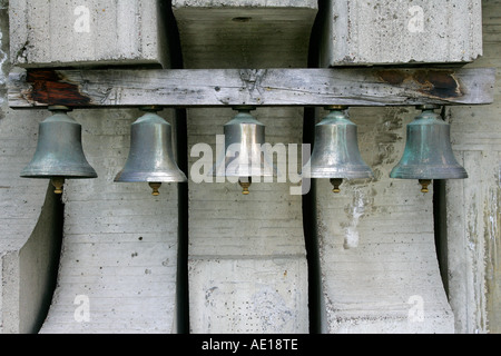 bell temple religion outdoor ringing consider sacred culture metal ritual while singing close up hanging carillon heavy ring Stock Photo