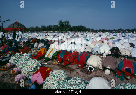 NIGERIA West Africa Katsina Salah Day marking the end of Ramadan. Lines of Muslim men kneeling at prayer. Stock Photo