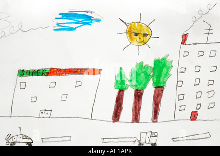 Child’s painting of a neighborhood with buildings Stock Photo