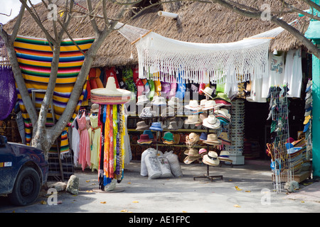 Various wares at a stall shop at the Marketplace at the Mayan Ruins of Tulum Quintana Roo Mexico Riviera Maya Stock Photo