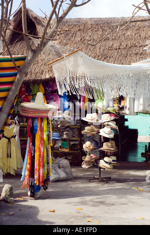 Various wares at a stall shop at the Marketplace at the Mayan Ruins of Tulum Quintana Roo Mexico Riviera Maya Stock Photo