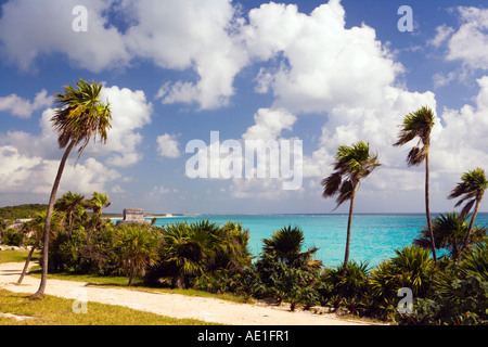 View of the Gulf of Mexico from a secluded path at the Tulum Mayan Ruins Tulum Quintana Roo Mexico Riviera Maya Stock Photo