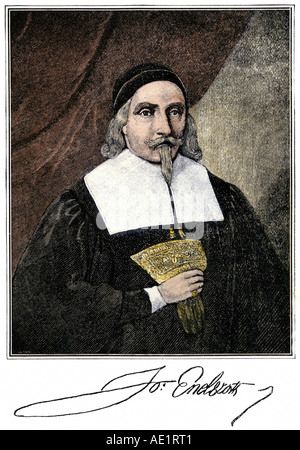 John Endecott, governor of Massachusetts Bay Colony, defacing the