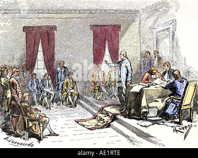 Constitutional Convention debating the form of a new US government at Philadelphia in 1787. Hand-colored woodcut Stock Photo
