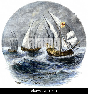 Three caravels at sea. Hand-colored woodcut Stock Photo