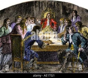 Connecticut colonists deciding to hide their charter from British Royal Governor Sir Edmund Andros 1687. Hand-colored woodcut Stock Photo