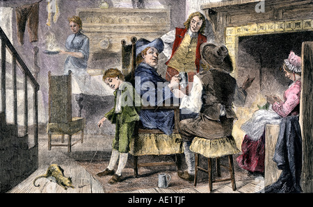 Dutch colonial family at home in New Netherland 1600s. Hand-colored woodcut Stock Photo