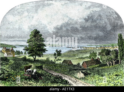 New York City in the late 1700s viewed from upper Manhattan Island. Hand-colored woodcut Stock Photo