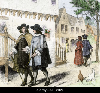 Colonists in a Puritan town in New England in the late 1600s. Hand-colored woodcut Stock Photo