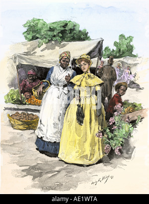 Woman and her African-American slave shopping in an open air market in the Deep South 1800s. Hand-colored woodcut Stock Photo
