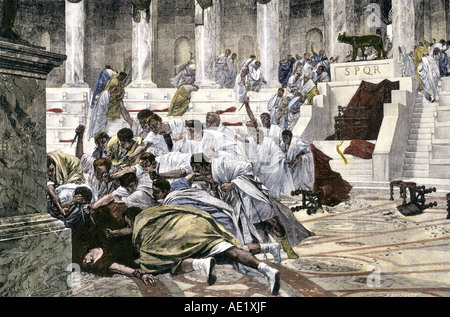 Julius Caesar assassinated in the Roman Senate 44 BC. Hand-colored woodcut