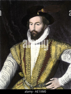 Sir Walter Raleigh. Hand-colored steel engraving Stock Photo