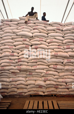 Two workers sit atop sacks of bulger wheat in a warehouse in Liberia Stock Photo