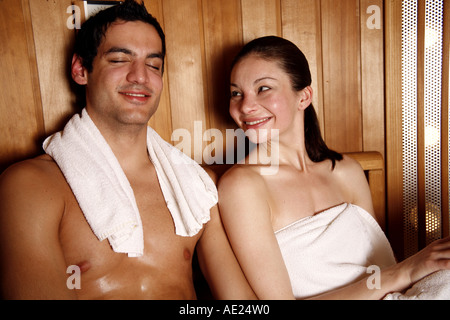 A couple enjoying a sauna together Stock Photo