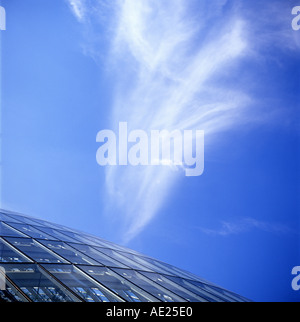 A roof detail of Norman Foster Great Glasshouse at the National Botanical Garden of Wales with cirrus cloud in the blue sky above UK KATHY DEWITT Stock Photo