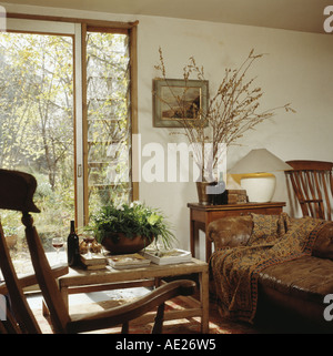 Houseplants in bowl on simple wooden table in front of sliding glass door in country living room with old brown leather sofa Stock Photo