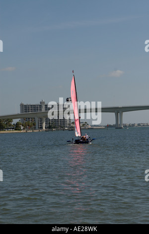 Catamaran Sailboat with Pink Sail and Pirate Flag Stock Photo