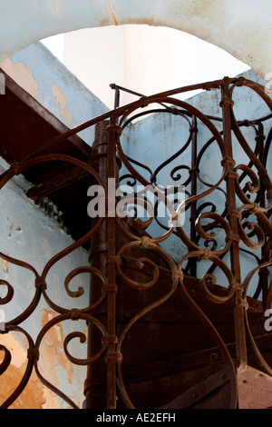Old and rusted metal spiral staircase in church bell tower, Karia Lefkas Greece Stock Photo